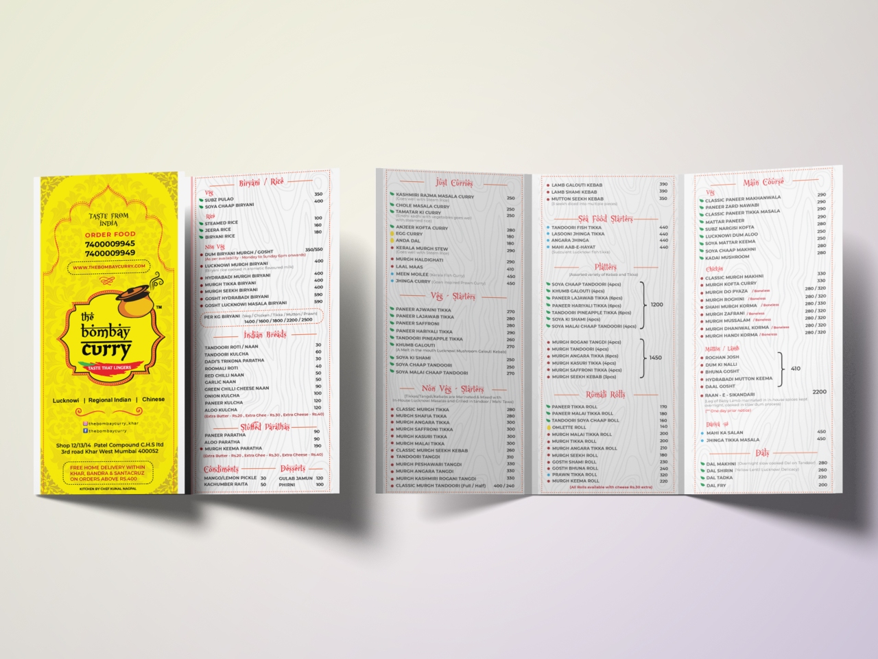 Menu designed for the bombay curry take away and delivery kitchen at Khar Mumbai